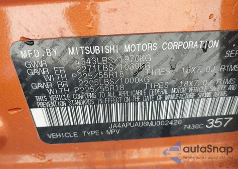 2021 Mitsubishi Outlander Sport 2.0 Es 2Wd z USA, uszkodzony, nr VIN JA4APUAU6MU002420